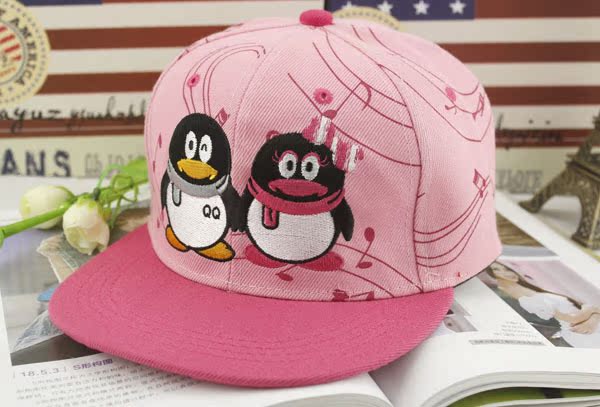 2014春夏新款韩版潮qq企鹅刺绣男女士平沿嘻哈街舞棒球帽子批发
