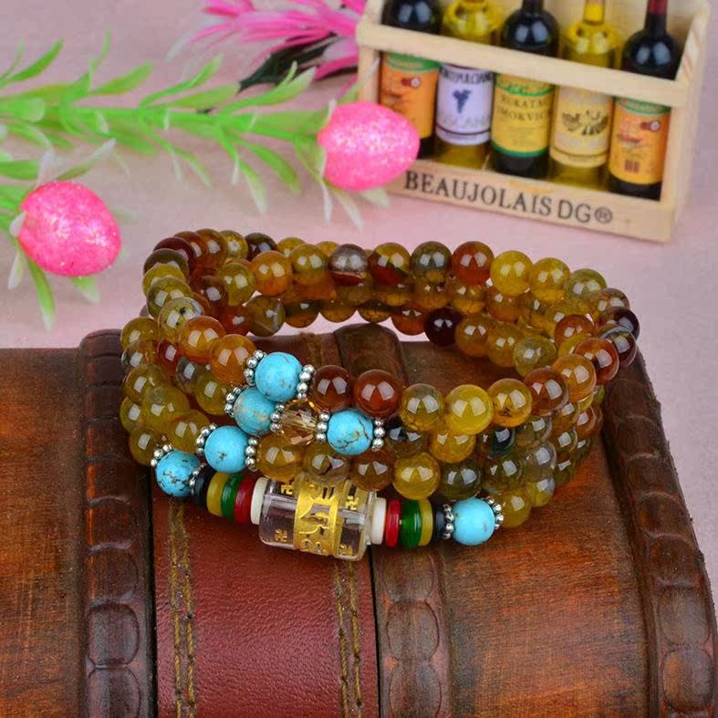 天然冰种褐色水晶碧玺6mm佛珠手链