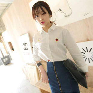 2014韩国代购minsshop春装新款时尚宇宙刺绣翻领长袖白色衬衫女