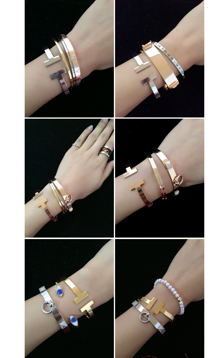 2014时尚杂志同款配饰 韩版时尚玫瑰金手环 百搭女式双t开口手镯