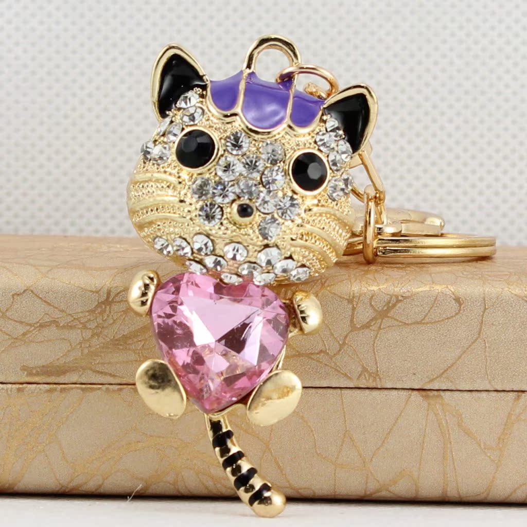 宝石猫合金创意钥匙扣汽车挂件包包挂件韩国风镶钻钥匙扣低价混批