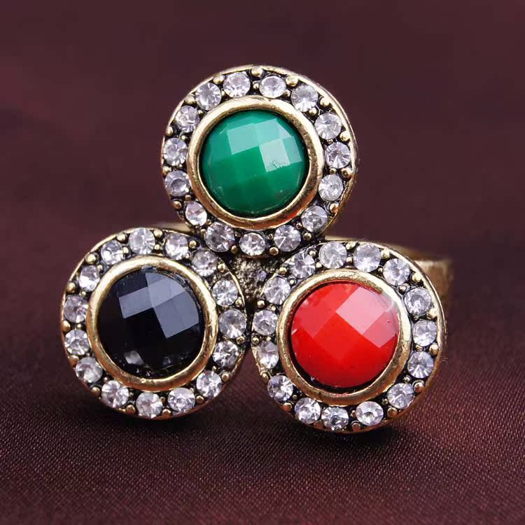 复古个性镶树脂钻戒指女镂空三个圆手饰配件镀电镀饰品 批发外贸