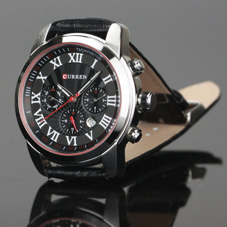 curren卡瑞恩8100三眼六针日历星期男士手表 韩国时尚商务手表