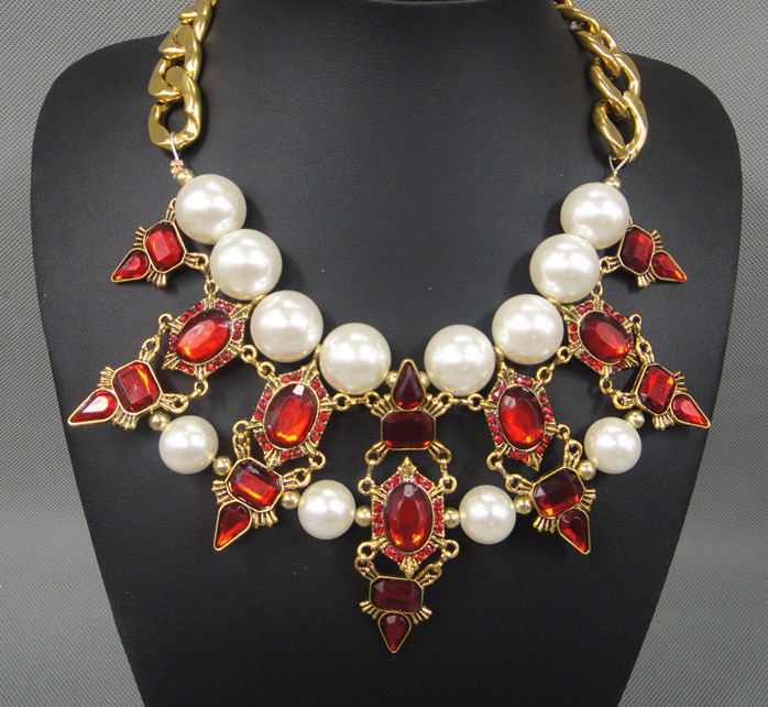 新款欧美夸张复古高档大珍珠宝石吊坠项链批发短款项链锁骨链v083