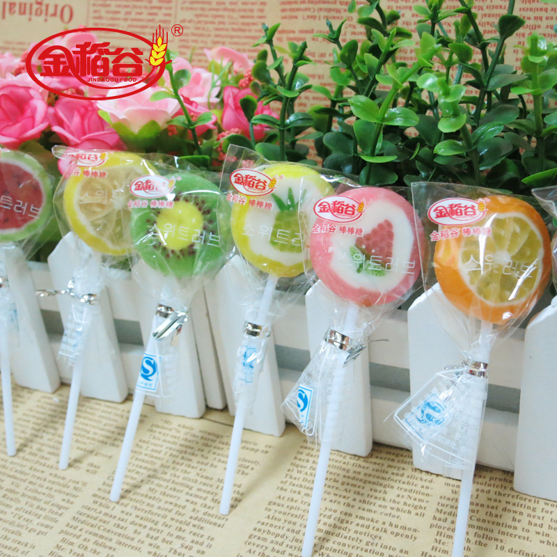 【厂家批发】火爆金稻谷创意棒棒糖 水果味切片棒棒糖 休闲食品