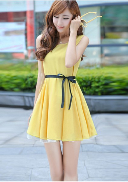 2014新款夏装女雪纺连衣裙雪纺蝴蝶结连衣裙无袖v领