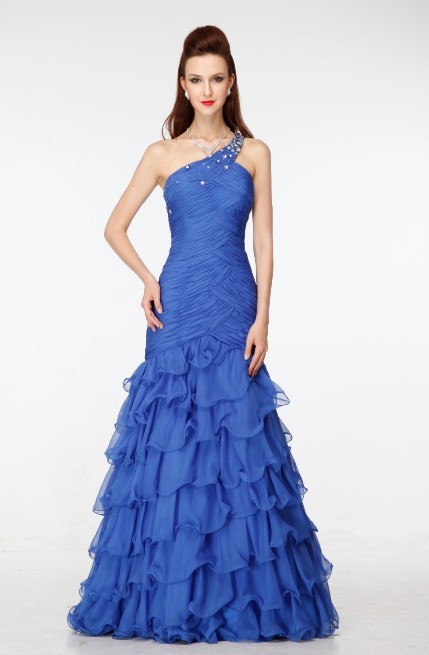 新款蓝色单肩钉珠多层花瓣拖尾长款雪纺晚宴礼服高档婚纱礼服批发