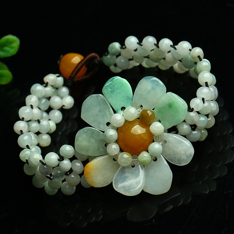 缅甸翡翠a货手工串珠编织珠子太阳花手链 原创民族风女款玉石饰品