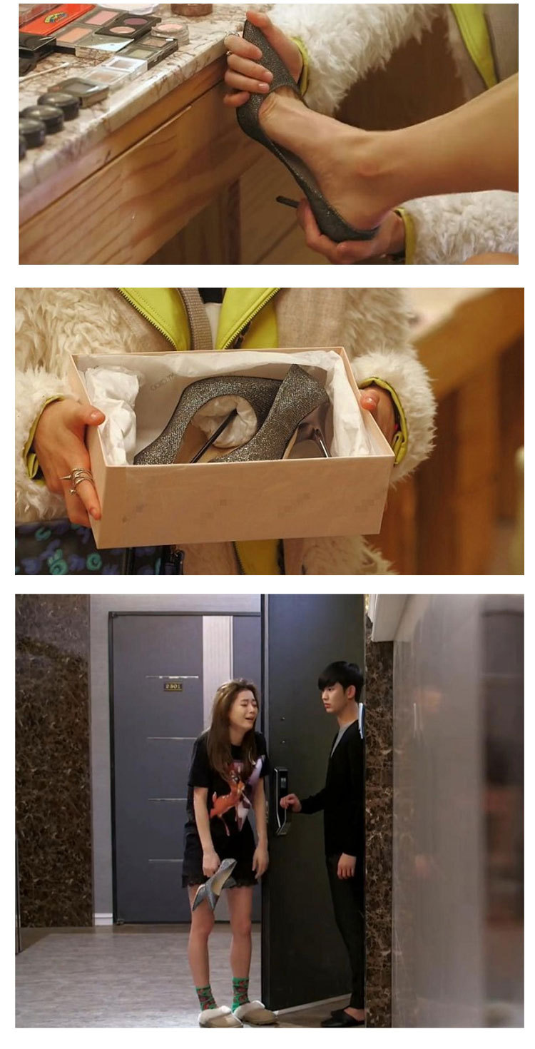 来自星星的你千颂伊明星同款高跟鞋 欧美风亮片尖头细跟水晶单鞋