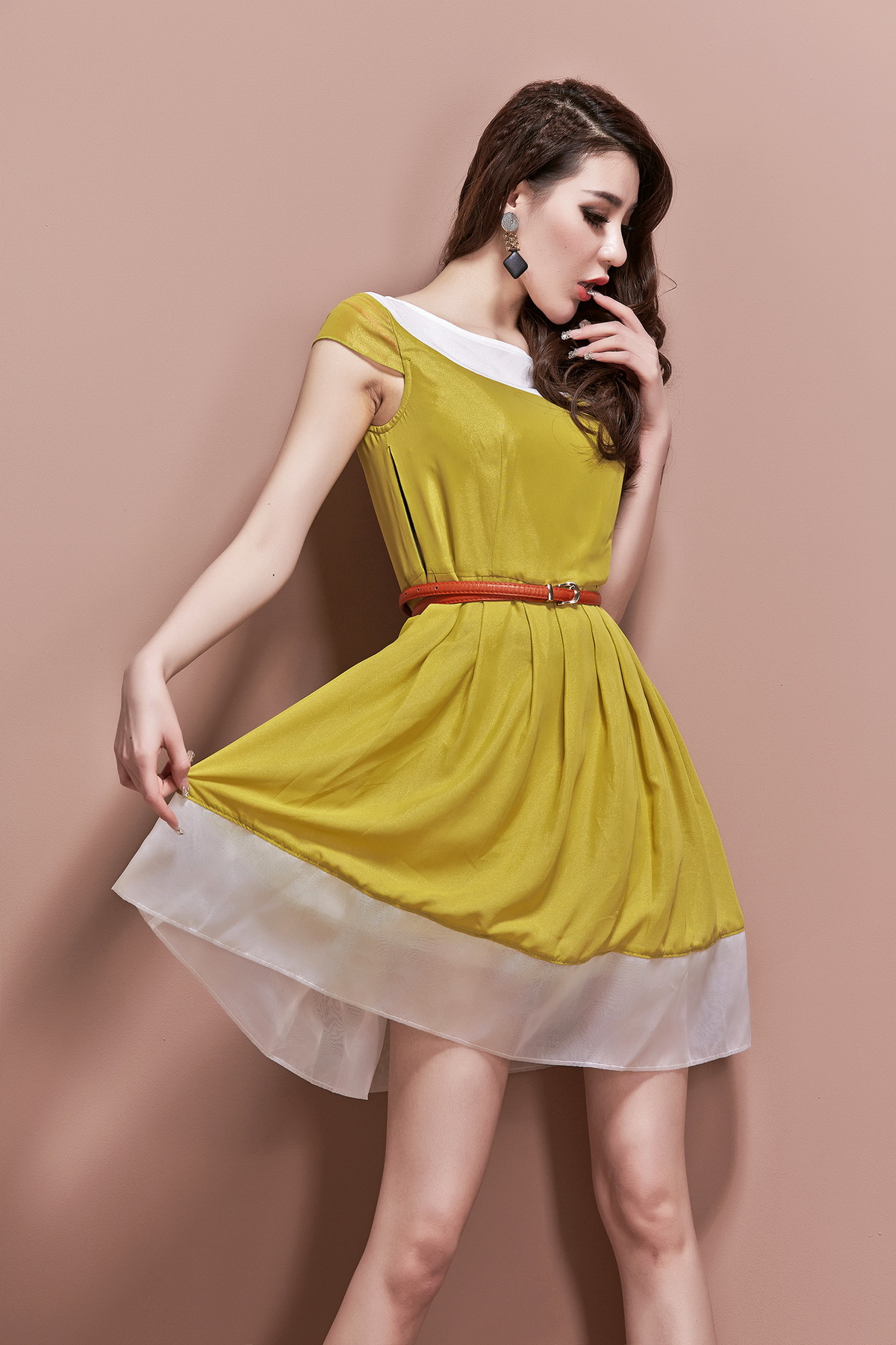 2014春夏新款欧美外贸精品女装 批发 金色雪纺拼欧根纱连衣裙6020