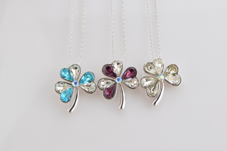 七叶草饰品 进口奥地利水晶毛衣链 925银三叶草女式锁骨项链混批