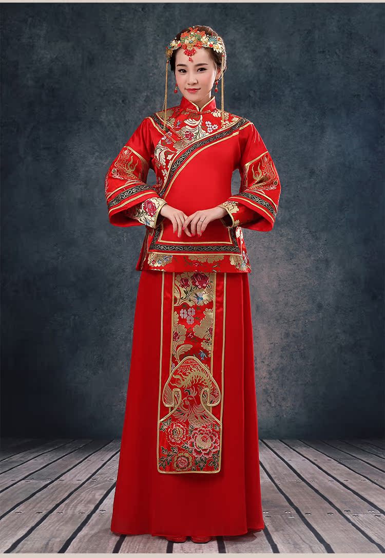 新娘结婚红色礼服敬酒服 中式婚礼长袖秀禾服龙凤褂 复古嫁衣