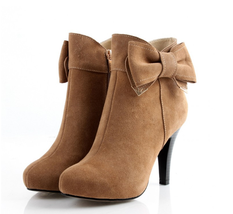 新款淑女爆款时尚短筒真皮女靴单靴高跟细跟蝴蝶结牛皮女士靴子图片_6