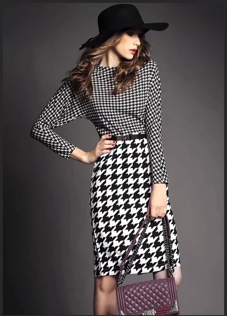 海青蓝2014秋冬新款一字领大牌千鸟格复古修身一步中长裙连衣裙