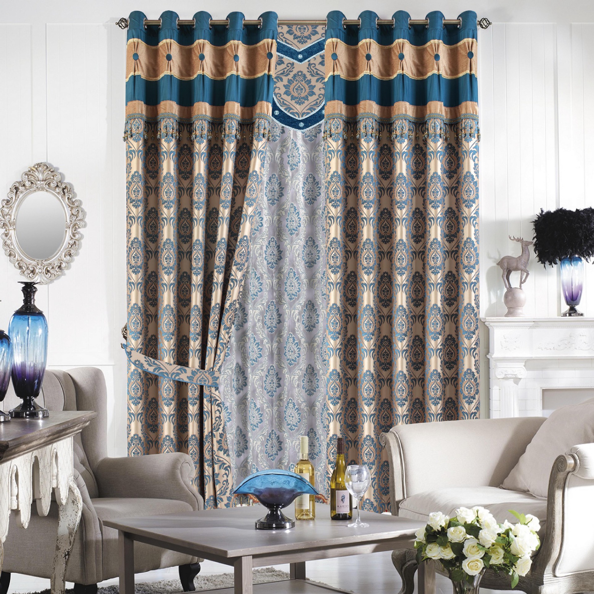 绍兴柯桥厂家供阿里巴巴欧式卧室客厅婚房金丝提花窗帘批发