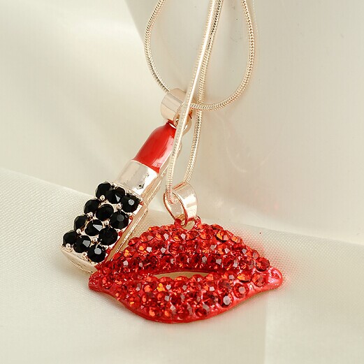 项链批发 cl068韩版闪钻口红嘴唇双层毛衣链长款项链厂家现货批发