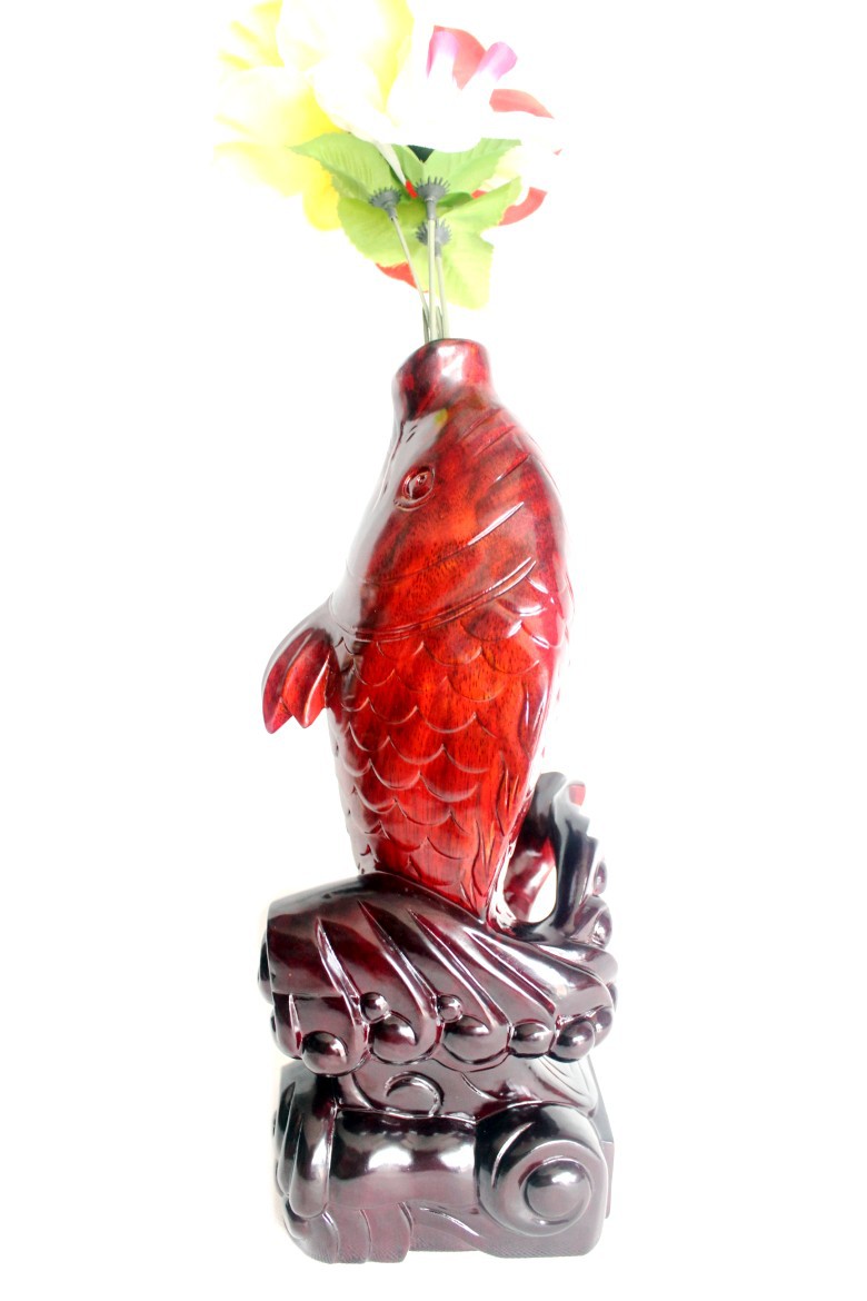 红木工艺品 鲤鱼跳龙门 年年有余花插动物木制摆设小件鲤鱼摆.