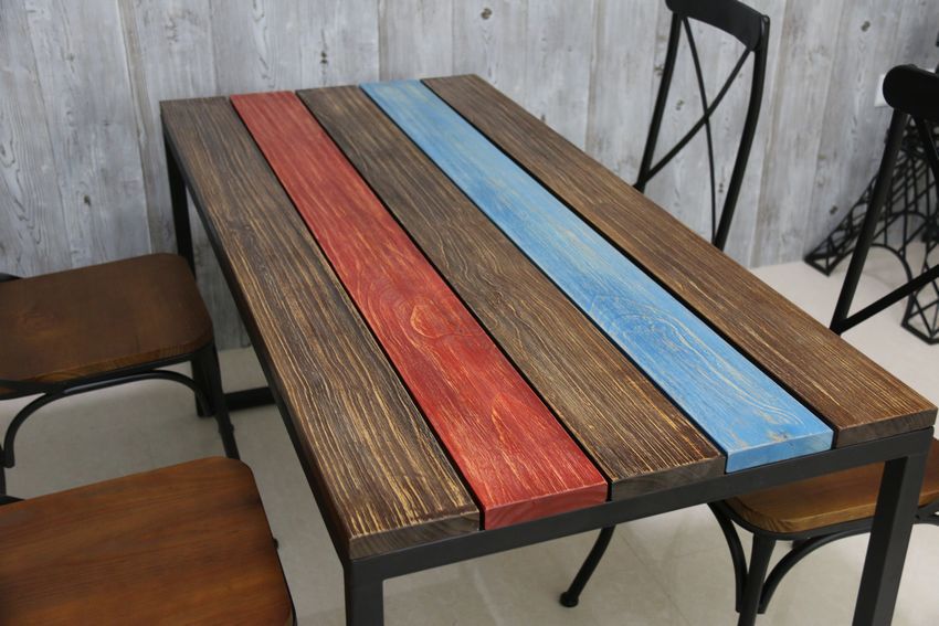 梦雅 美式乡村创意拼色餐桌 多人用铁艺实木饭桌 餐厅快餐店餐桌