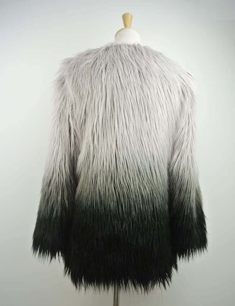 2015中长款仿皮草外套黑灰渐变山羊毛长外套女皮草开衫韩版外贸