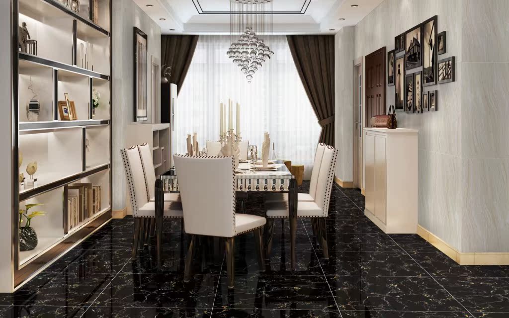 广东佛山热卖包邮黑金花全抛釉瓷砖地砖墙砖厨房卫生间波导线地面砖