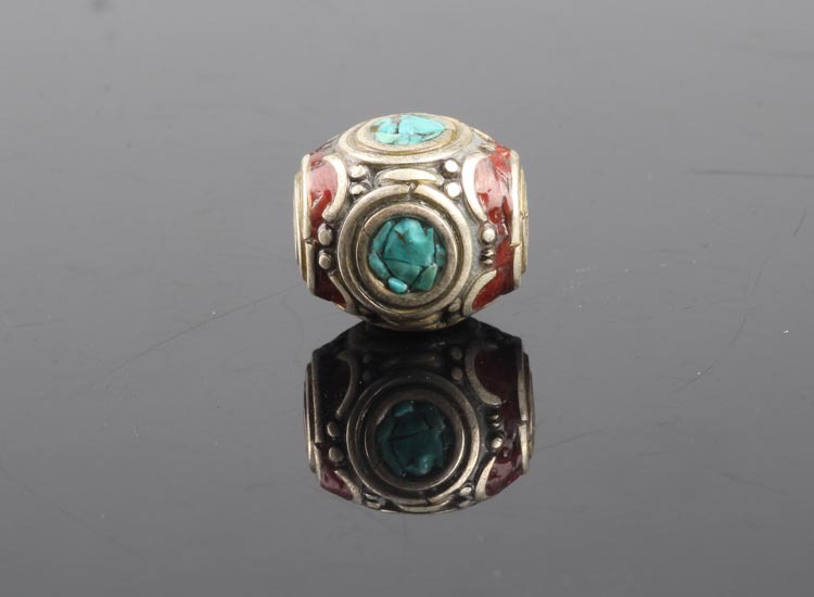 尼泊尔藏式天然手工铜珠纯铜掐丝桶珠镶嵌绿松石diy念珠饰品配件