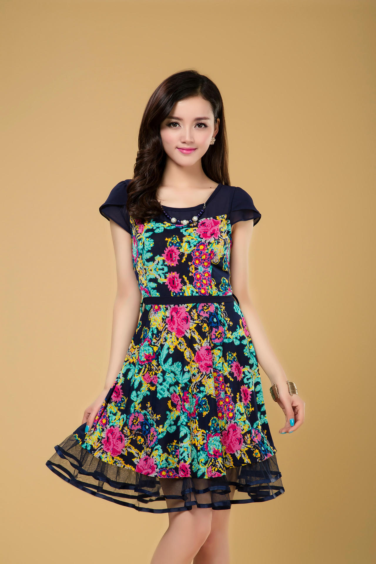 2014春夏新款大花中长款修身束腰蕾丝边连衣裙,淑女风采系列