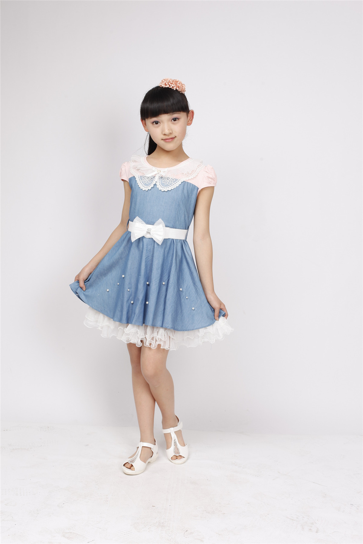 大童女裙 夏季童裙 女童短袖连衣裙 2014 新款 女童牛仔裙连衣裙图片