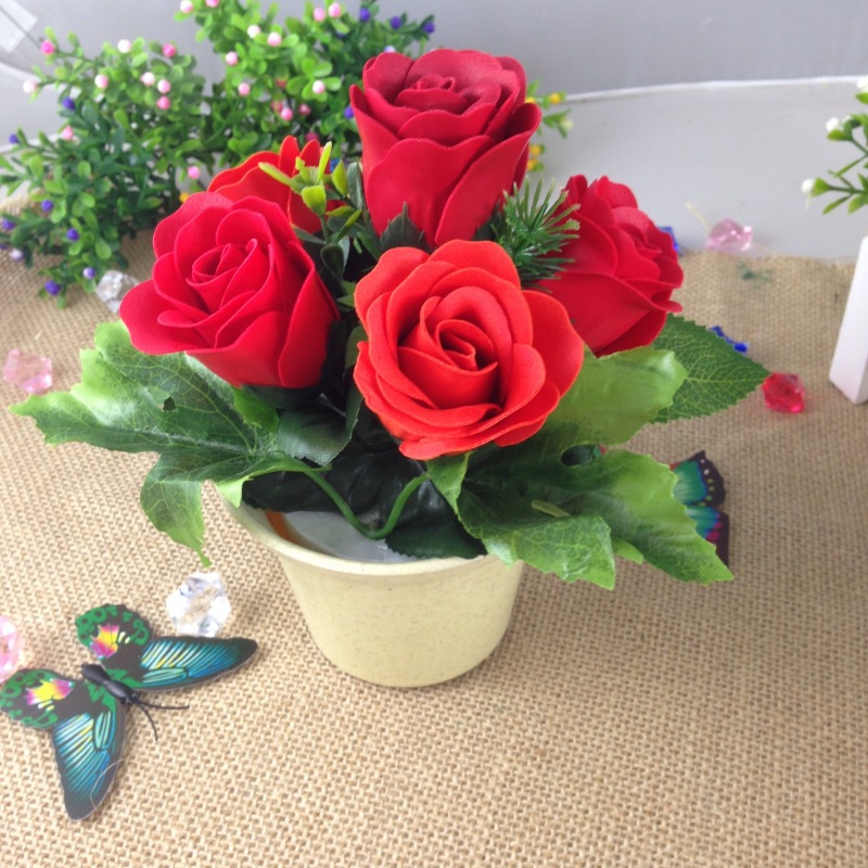 6朵玫瑰花香皂花小盆景插花pvc盒装 混色盆栽创意摆饰情人节礼品