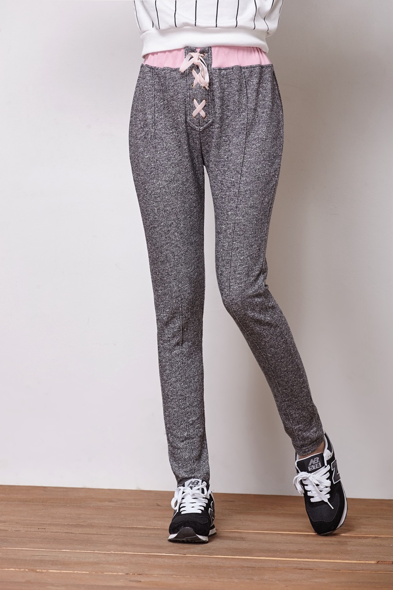 happy hut秋装新款女装休闲运动风胖mm松紧腰中缝小脚女式休闲裤