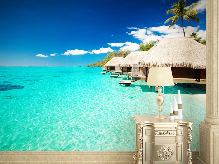 【酒店宾馆主题背景墙墙纸 马尔代夫水上房子海景 蓝天海水风景壁画】