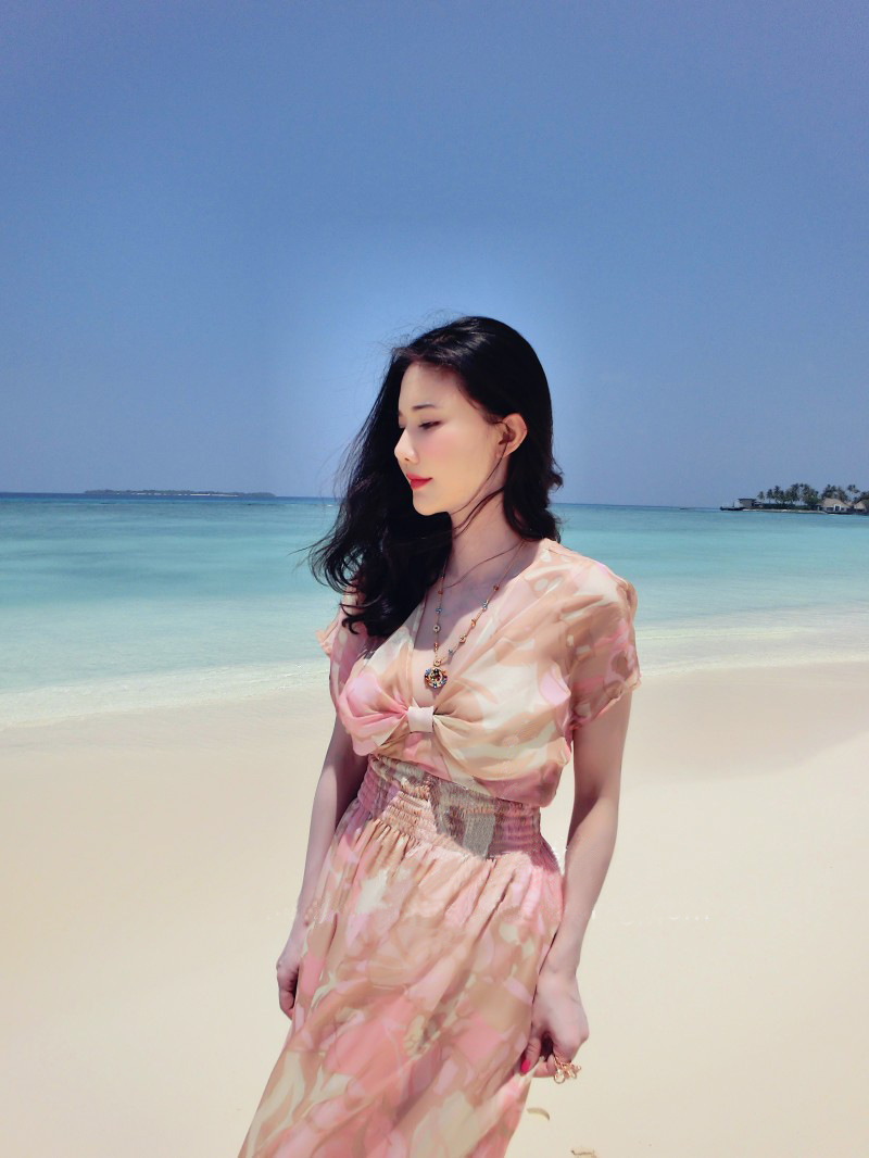 2015夏装新款女装刘钰懿同款披肩粉色真丝雪纺印花长裙连衣裙女