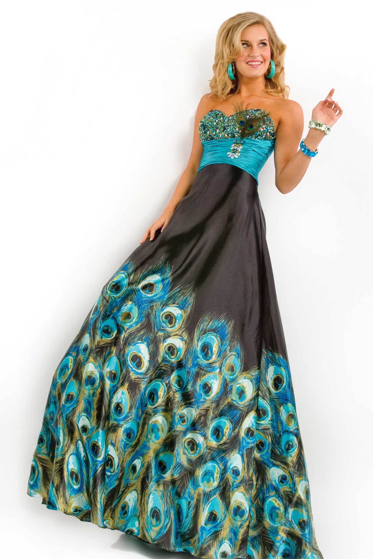 欧美热销 印花色丁 孔雀羽毛 手工钉珠 抹胸a裙 高级定制晚礼服