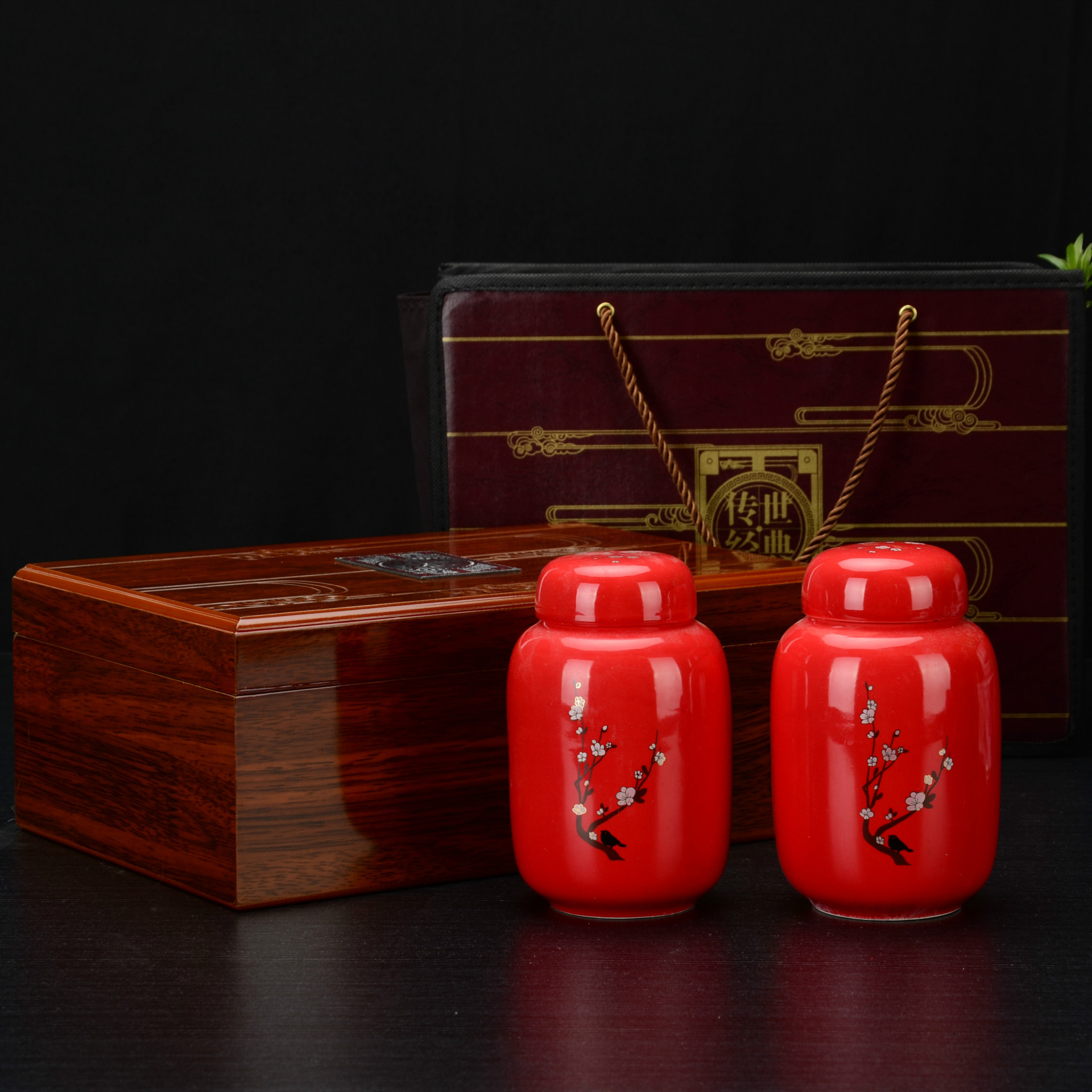 定做茶叶礼盒 高档红釉小号茶叶罐礼盒 木质红茶茶叶礼盒套装定制