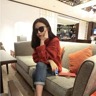 钱夫人 韩版女装短款宽松针织衫高领方格子套头长袖毛衣女 韩国