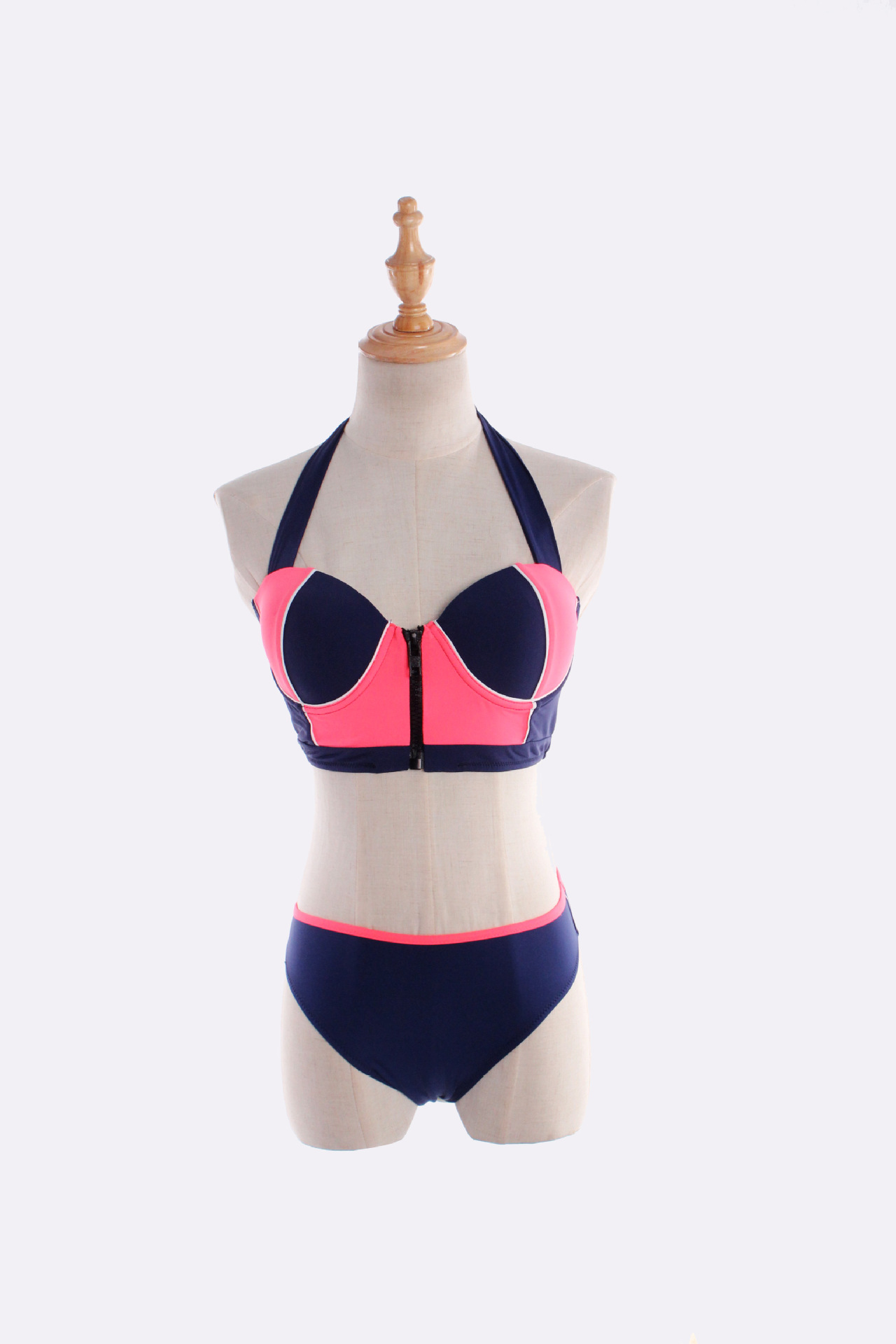 2015新款熙福瑞欧美比基尼两件套游泳衣女钢托聚拢拉链性感泳装