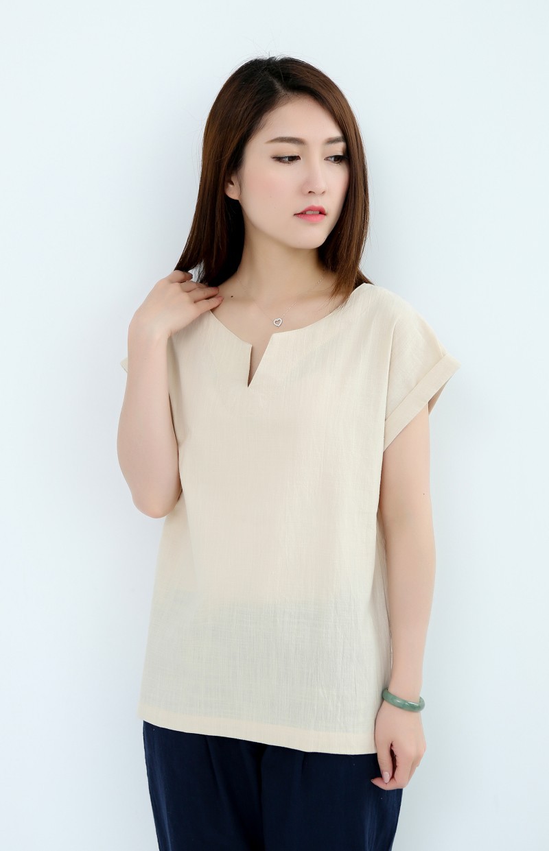 夏季棉麻女装宽松简约t恤文艺范亚麻短袖女森女系休闲v领体恤女