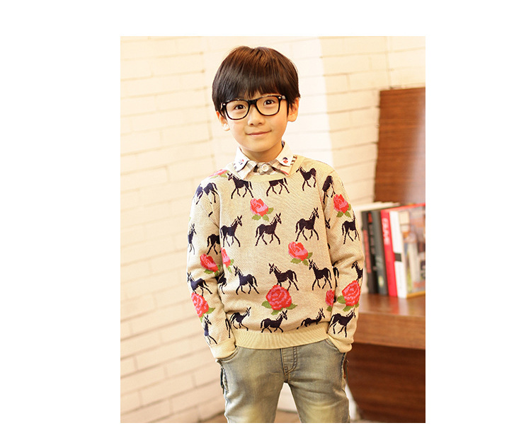 2015春季韩版男童针织衫 中大童小马头套式圆领针织毛衣潮范代发