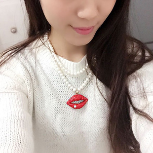 包邮红唇嘴唇满钻珍珠项链女夸张配饰装饰韩版饰品短款双层毛衣链