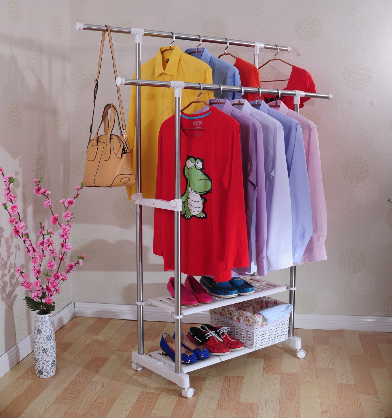 精品加粗双杆王晾衣架不锈钢晒被架 卧室置地挂衣架 收纳架多功能