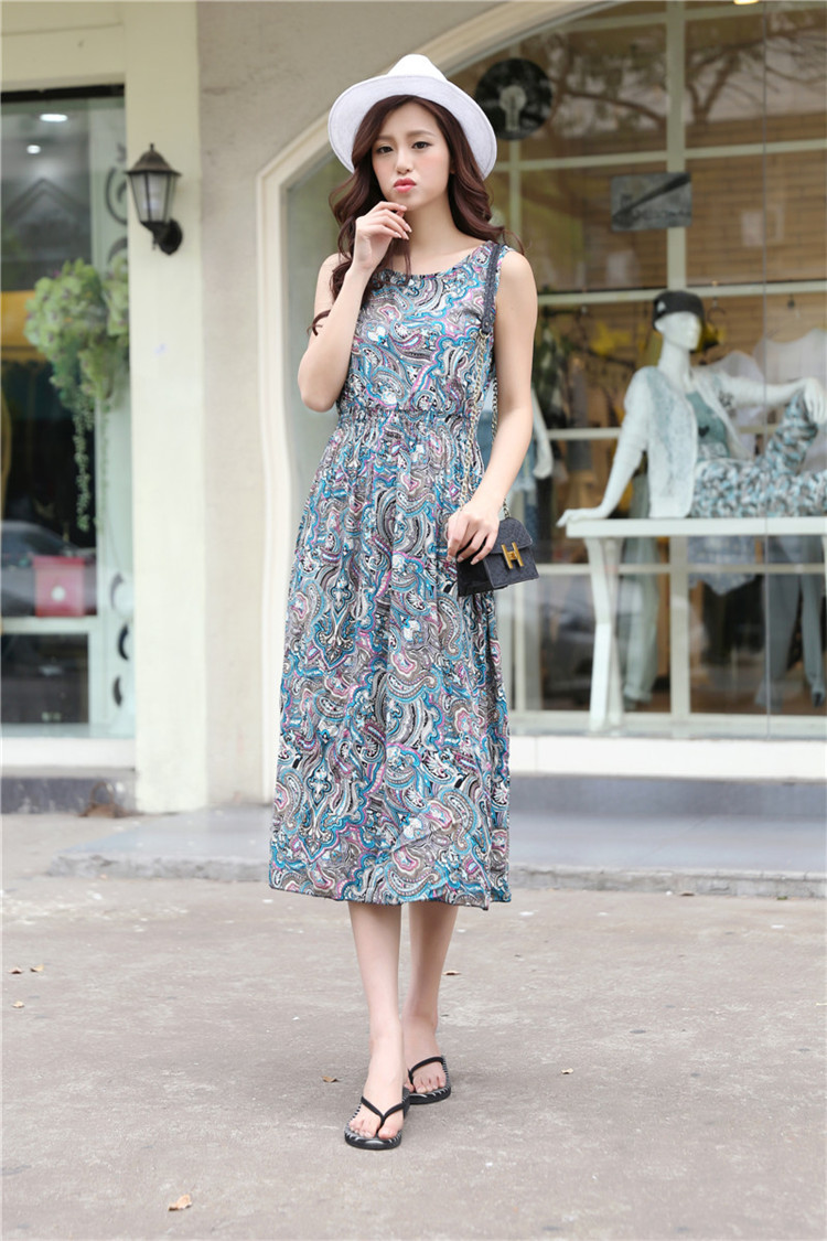 2015新款女装 收腰民族风棉绸连衣裙中长款沙滩裙 一件代发