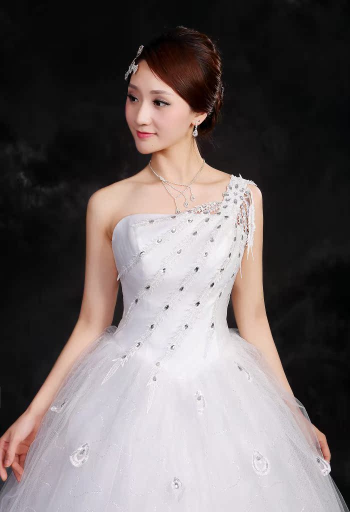 2015新款婚纱 苏州婚纱厂家 白色齐地新娘绑带左单肩钉珠婚纱