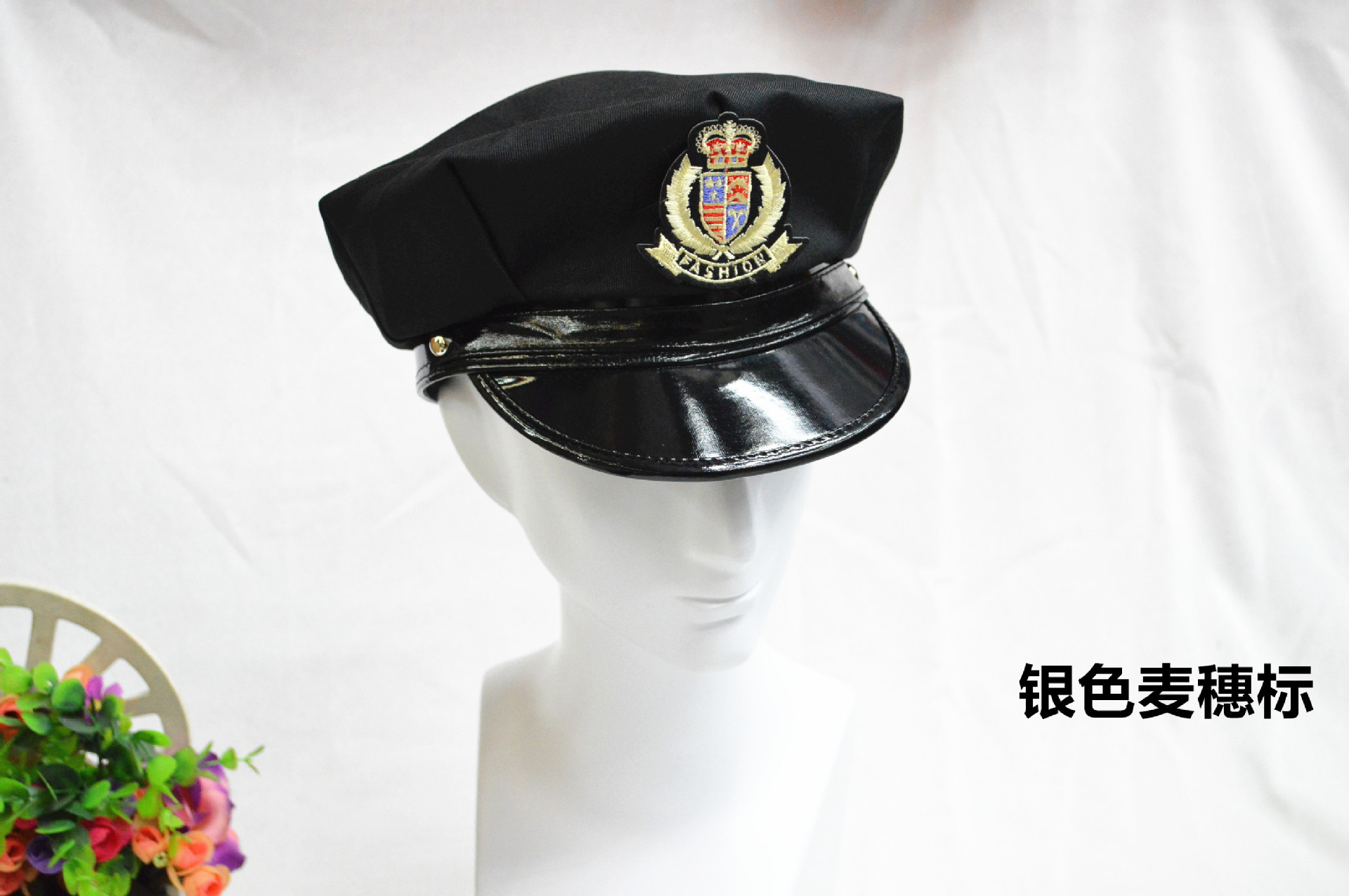 新款军帽批发 美国警察制服帽 舞台表演黑色八角帽 船长海军帽子