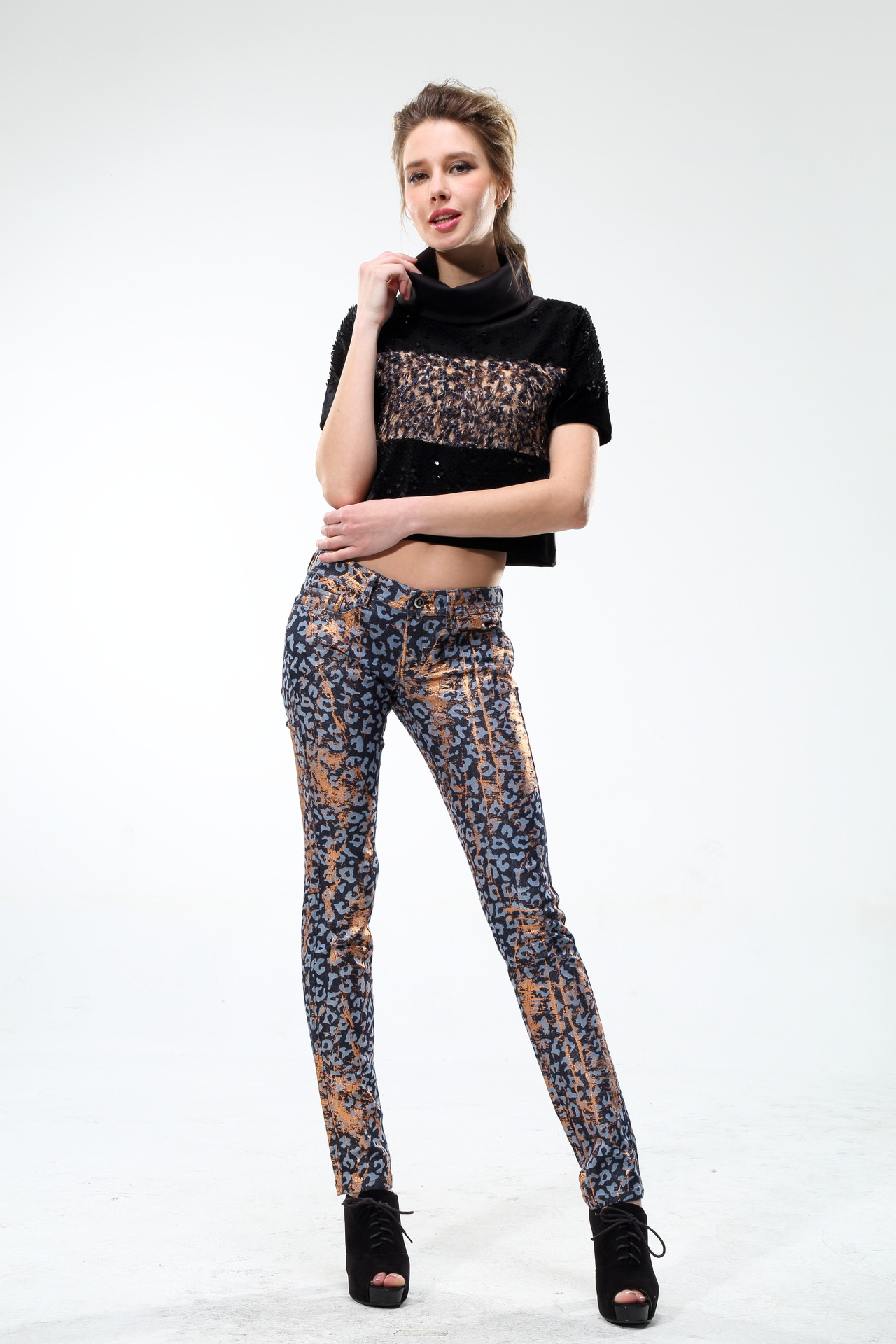 2015春装夏装新款金色印花铅笔裤弹力牛仔女小脚裤子