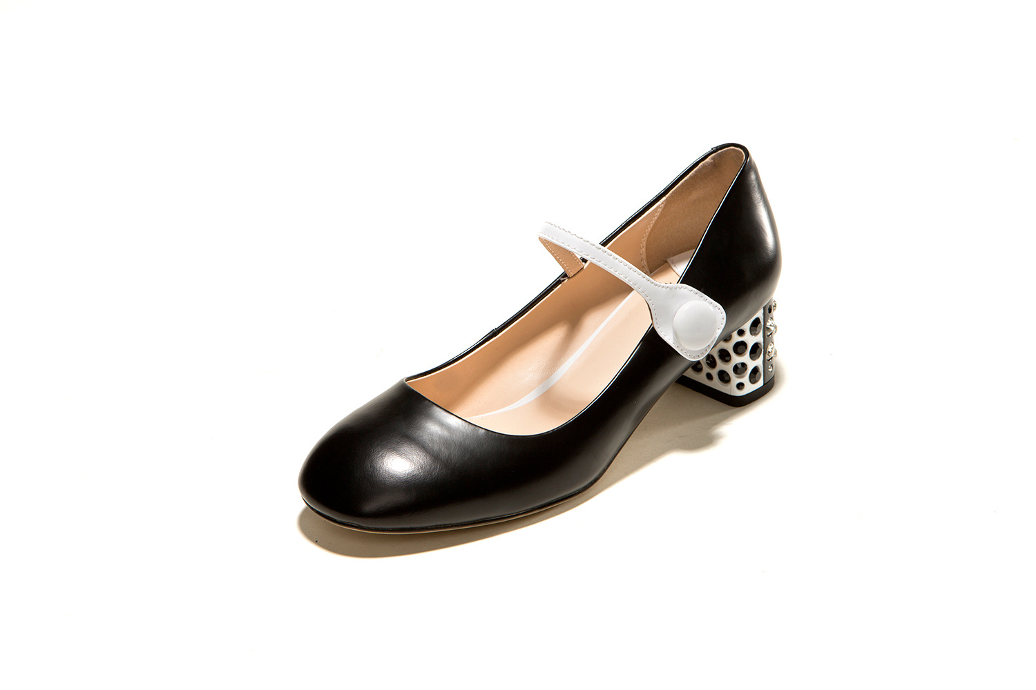 欧洲站 高雅时尚精品女鞋 2015春季新款圆头粗跟水钻真皮单鞋批发