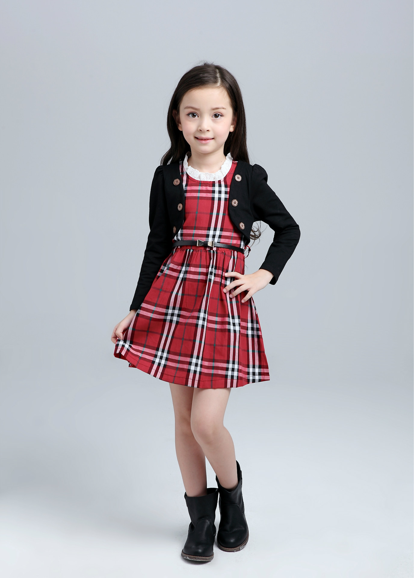 2015新款女童英伦风假两件格子连衣裙儿童淑女装一件代发批发