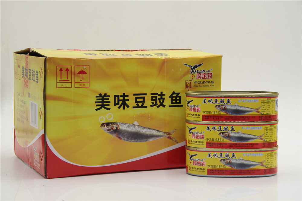 供应鹰金钱美味豆鼓鱼184g 开胃水产罐头 即食鱼罐头批发