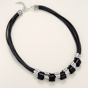 时尚ol风韩国多层黑色皮绳项链女锁骨个性百搭波浪几何吊坠系列二