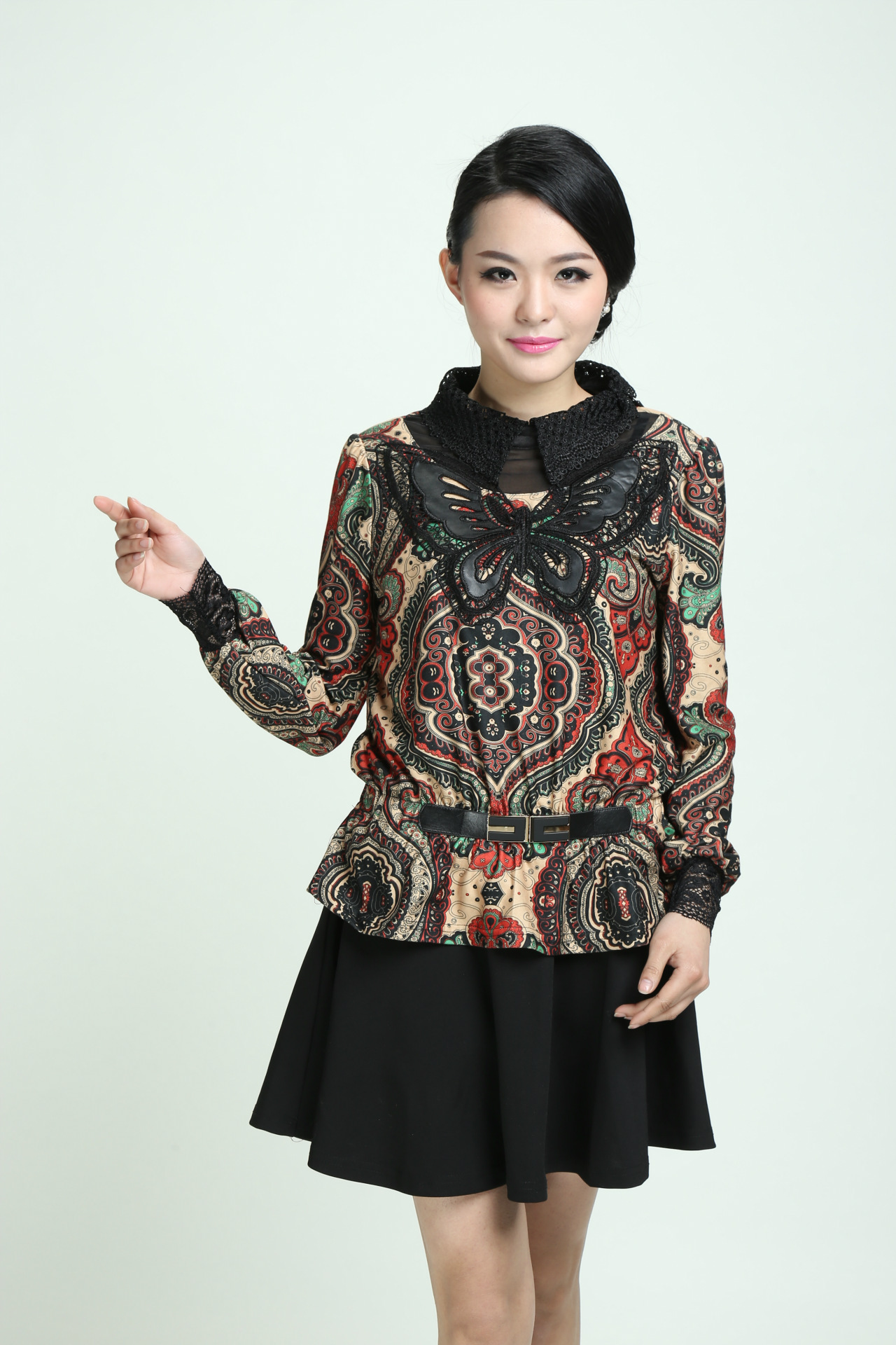 2015新款蝴蝶印花连衣裙 时尚品味女装针织打底裙假两件厂家直供