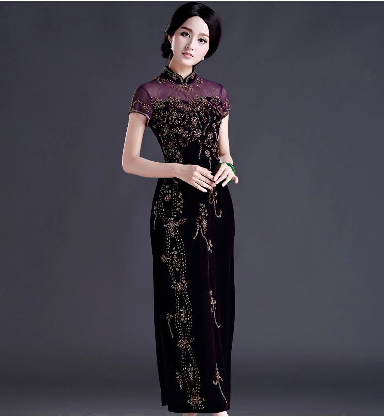 夏季中式长款妈妈旗袍裙 金丝绒连衣裙 结婚礼礼服中老年演出服女