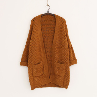 韩国代购2015秋冬新款韩版粗毛线棒针中长款宽松大毛衣开衫外套女